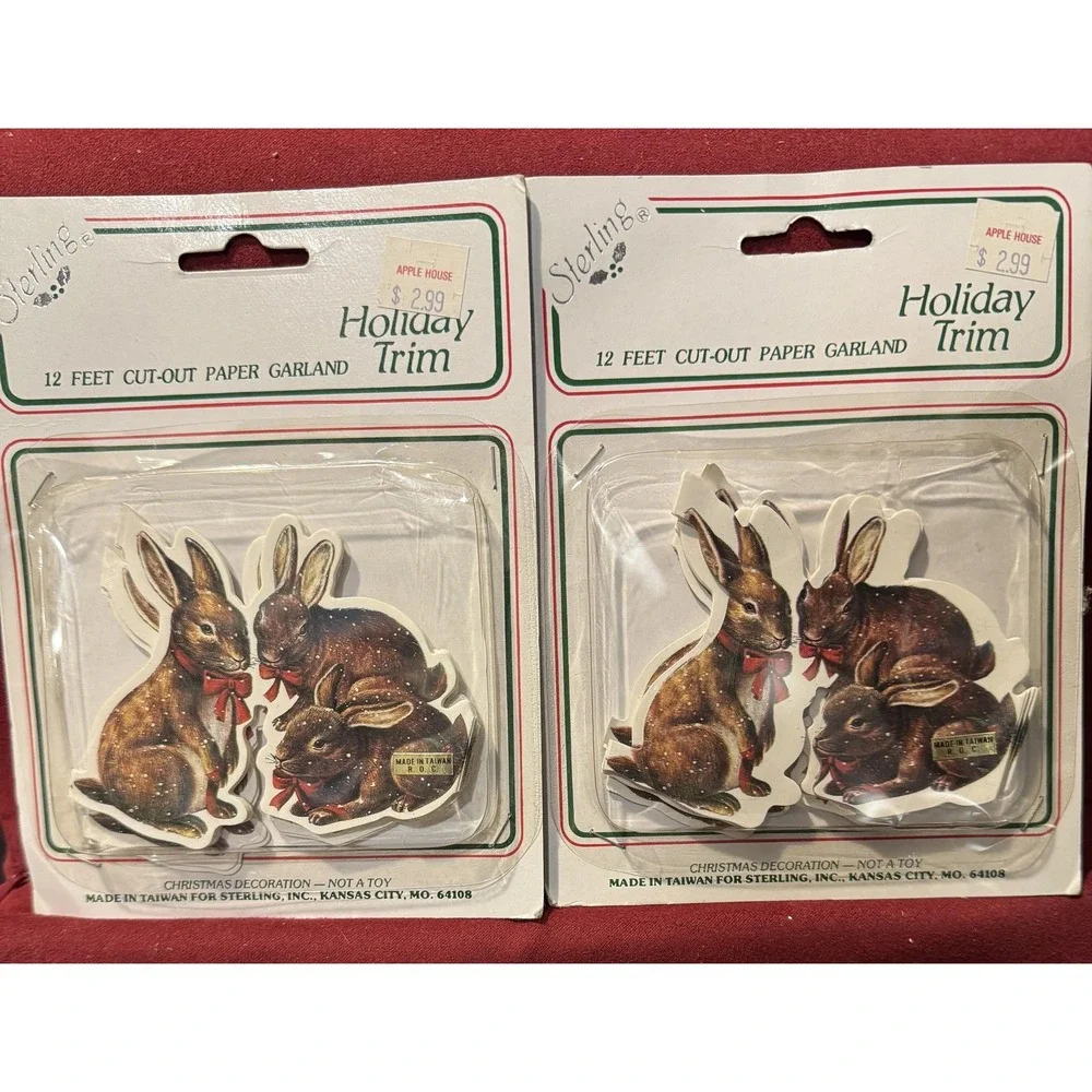 Sterling Holiday Trim 12' Cut-Out Paper Garland Rabbits Lot of 2 Christmas Vinyl